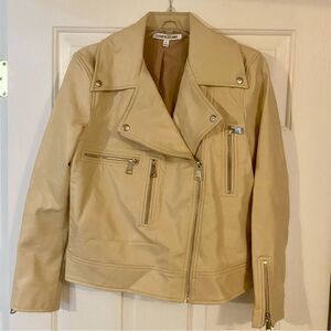 EUC Faux Leather Elizabeth & James Motorcycle Jacket Sz Sm Front Silver Zip